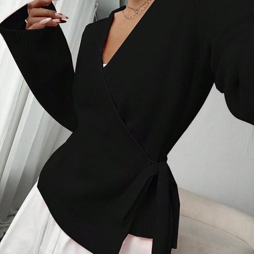Black Casual Women's Lace-Up Loose Versatile knit Cardigan